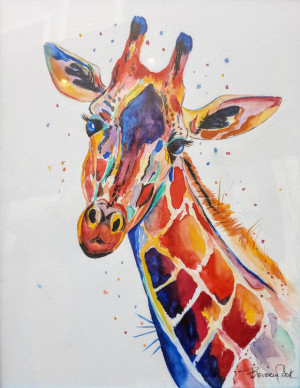 15 - "Giraffe in Technicolor" by Beverly Cook - Watercolor - 14"x18" - $150 framed - contact beverlycookjp@gmail.com