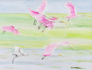29 - "Spoonbills in Flight" by Beth Aaronson - Watercolor - 20"x16" - $200 framed - contact bsa819@gmail.com