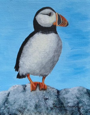 42 - "Puffin" by Martha Cavanaugh - Acrylic - 8"x10" - $100 framed - contact marthasookie@comcast.net