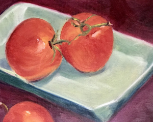 49 - "Three Tomatoes" by Ruth Clark - Oil - 10"x8" - $50  - contact racreading@aol.com