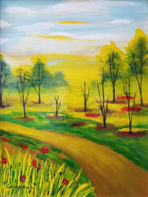 71 - "Fall Whimsy" by Carolyn Ruocco - Acrylic - 11"x14" - $65 framed - contact ruoccocarolyn@gmail.com