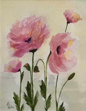 80 - "Pretty in Pink" by Ann Leskiw - Watercolor - 13"x10" - $75 framed - contact al4448@gmail.com