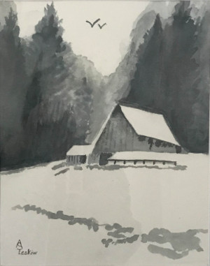 81 - "The Cabin" by Ann Leskiw - Watercolor - 10"x13" - $75 framed - contact al4448@gmail.com