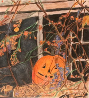 86 - "Fall is Here" by Dolores Venetsanakos - Watercolor w color pencil - 17"x19" - $150 framed - contact dfvenet@yahoo.com
