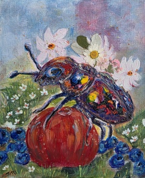 Beetle Juice, Mixed Media 8x10 canvas board by Angela Addonizio