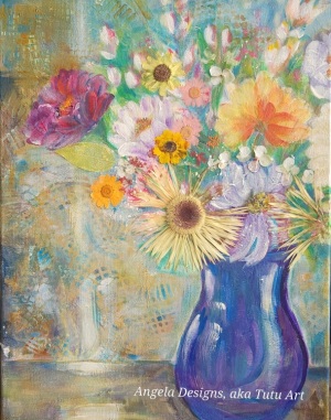 Blue Vase Floral, Mixed Media Wrapped canvas by Angela Addonizio