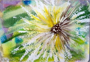 Yellow dandelion... BREATHE, mixed media 5x7 by Angela Addonizio