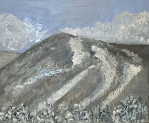 Cannon Mountain: Front Four of Five, oil, en plein air, 8 x 10 inches on birch panel.    Artist note: “Cannon Mountain: This was painted while my husband was skiing here at Cannon Mountain, in Franconia Notch State Park, NH. I have a great car set up so I can stay cozy and warm while creating.”