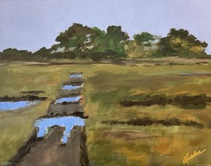 Nelson Island Salt Marsh in Early Fall (Rowley, MA), 11 x 14 acrylic on birch panel, en plein air   Artist note: “This view is ever changing with each season. This day, the bright colors of fall in New England were just flirtations. This area is part of the Parker River National Wildlife Refuge and is a busy place during spring and fall bird migration. A happy place of mine.”