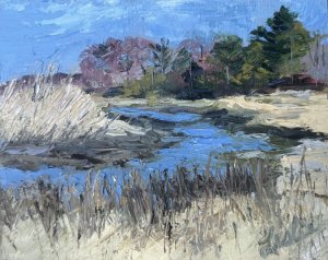 Parker River Salt Marsh in Spring #2 (Byfield, MA), oil, en plein air, on birch panel.  Artist note: “ While I was hoping for more warm spring greens, the promise of trees soon in bloom was there. They will soon replace the bleached out and dry vegetation from last year. It is great to slow down to see the changing seasons.”