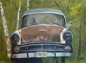 MY+55, acrylic on stretched canvas, 18 x 24 x 3/4 inches.  Artist note: ““MY+55” was completed in acrylic paint from a photo I took in Jackson, NH. I elected to give the chrome added pop by using iridescent paint and medium. It clearly did the trick to capture this vintage 1955 Ford Fairlane.”