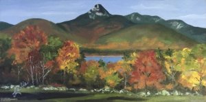 Fall View of Mount Chocorua (Tamworth, NH), oil en plein air, 8 x 16 inches canvas panel.  Artist note: “This painting of Mt. Chocorua was done from a field in Tamworth, NH on Route 16. The gorgeous view greets visitors to the Mt. Washington Valley as they drive north. I have a strong connection to this place and first visited Lake Chocorua at the age of two weeks and have been ever since. On this day, my husband climbed the mountain with our 12-year-old Labrador retriever Shady Grady, just as four generations of my family before then. According the the Appalachian Mountain Club, Chocorua is one of the most photographed mountains in the world and one of the most popular climbs in the White Mountains. It was the subject of many of our country's famous plein air painters.”