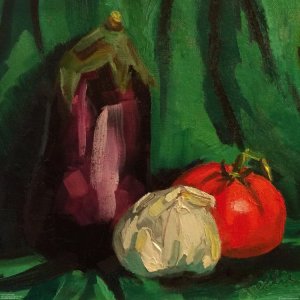 Melanzana con aglio e pomodoro, oil on 10 x 10 inches stretched canvas