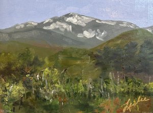 Scenic Vista: Mt. Washington in Spring (Intervale, NH), en plein air 12 x 9 inches, oil on birch panel.  Artist note: “This was painted on a rare day when the skies were cloudless, making it perfect to capture a beautiful spring vista in the White Mountains. Climate data gathered from the summit of Mount Washington has earned it the title of second least-sunny spot in the United States. The observatory at the summit routinely records minutes of sunshine in addition to other weather standards, like temperature and wind speed. That data is submitted each hour to the National Weather Service and the National Climatic Data Center. Many a member of the famous and historical White Mountain School Art painted this same view. “