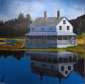 King Tide at the Burnham House (Essex, MA), acrylic on 24 X 24 inches stretched canvas.  Artist note: “Smell fried clams? This house sits on a marsh in Essex adjacent to the Cox Reservation. People gaze out at it daily as they eat fried clams at. J.T. Farnham’s. Some people call it Motif 2 as it is painted almost as often as Motif 1 in Rockport, MA. 