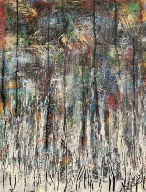  Winter Woods: First Snow, mixed media (oil paint, cold wax, iridescent powder, charcoal, collage, oil sticks, and oil pastels), 20 x 16 inches, paper mounted on cradled birch panel, juried into 2023 Rockport Art Association and Museum National Exhibition 