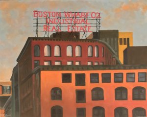 Fort Point Channel Landmark: Boston Wharf Company Sign, 30 x 24 inches oil on cradled birch panel.  Artist note: The Boston Wharf Company sign looms over the Fort Point Channel near South Station, in Boston. The company was incorporated in 1836 and built many of the warehouses and manufacturing buildings in the neighborhood that is now the bustling Seaport District.