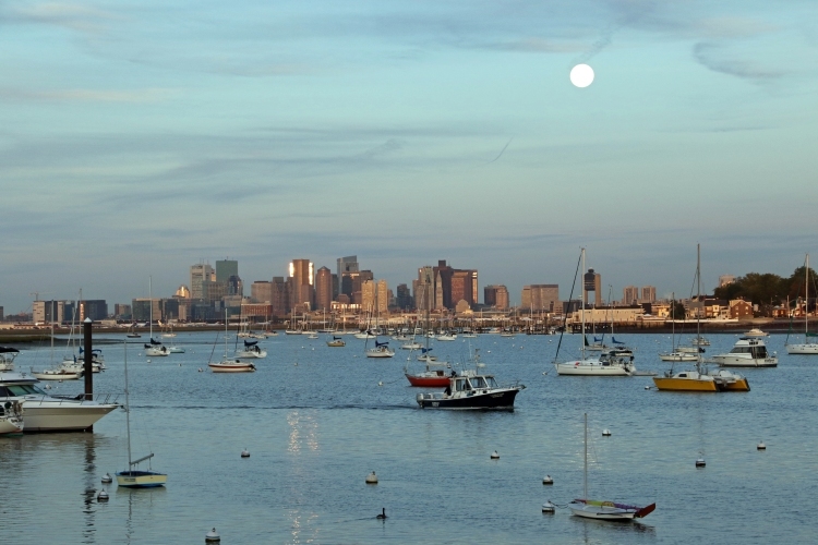 Harvest Moon over Boston at Sunrise from Winthrop