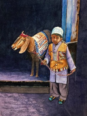 Kashmiri Boy and Goat, Watercolor by Maya Jacob