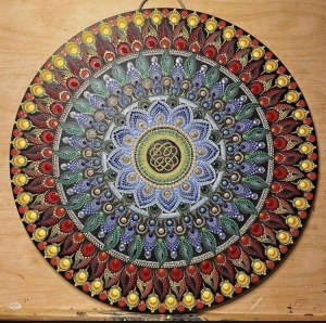 Mandala Flower Sunset, Acrylic on Wood, 18”  round by Laura Newman